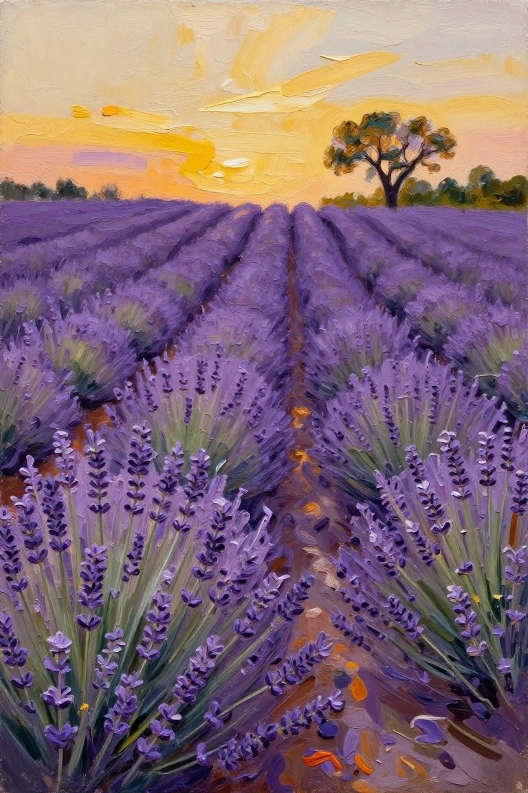 Endless rows of purple lavender lead to a lone tree beneath a golden sunset sky