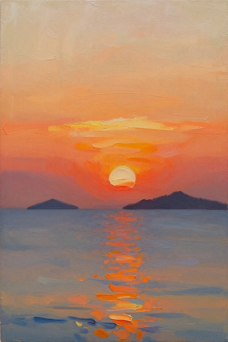 Oil painting of orange sunset over sea with silhouetted islands and glowing water reflections