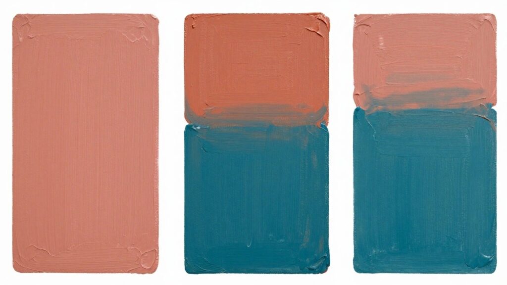 24 Elegant Beginner Acrylic Wall Art Painting Ideas for Handmade Home Decor Abstract painting of four stacked coral rectangles on teal background with brushstrokes