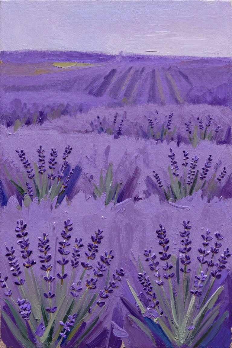 Purple lavender field with textured brushstrokes under a soft hazy sky