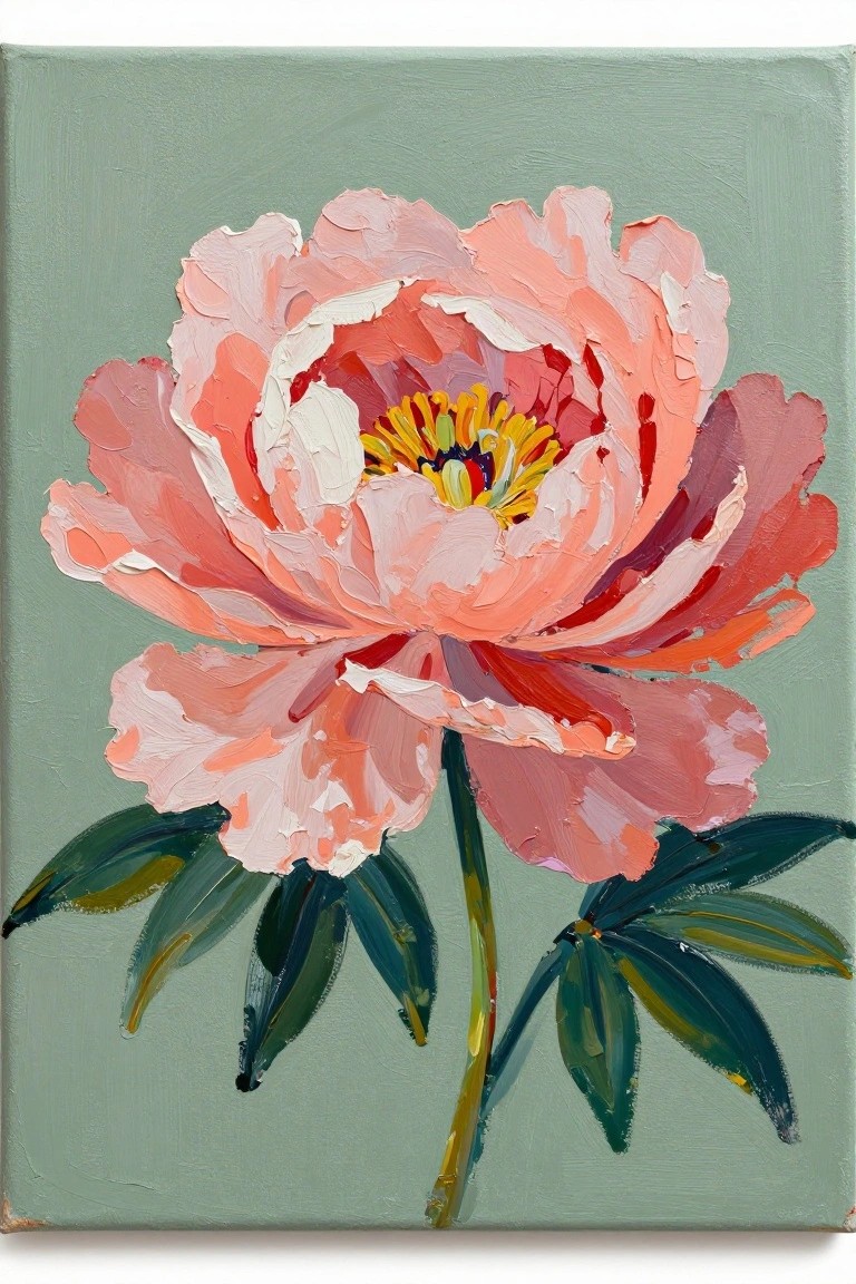 Impasto painting of coral-pink peony bloom with yellow center and green leaves