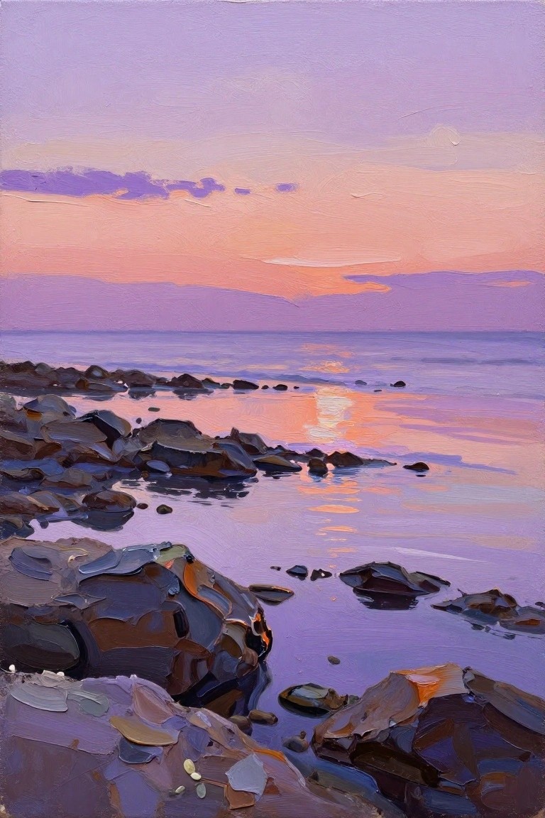 Oil painting of rocky shoreline at sunset with purple-orange reflections on water