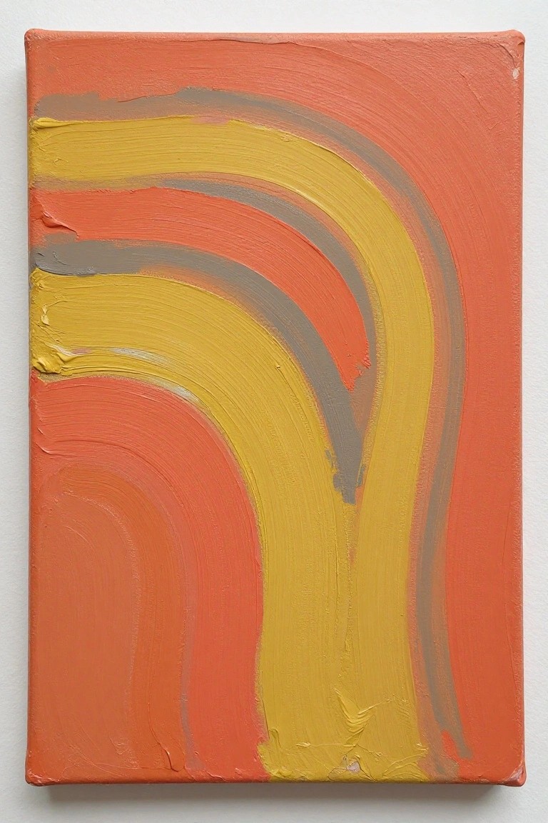 Abstract painting with thick curved yellow and gray strokes on orange canvas.
