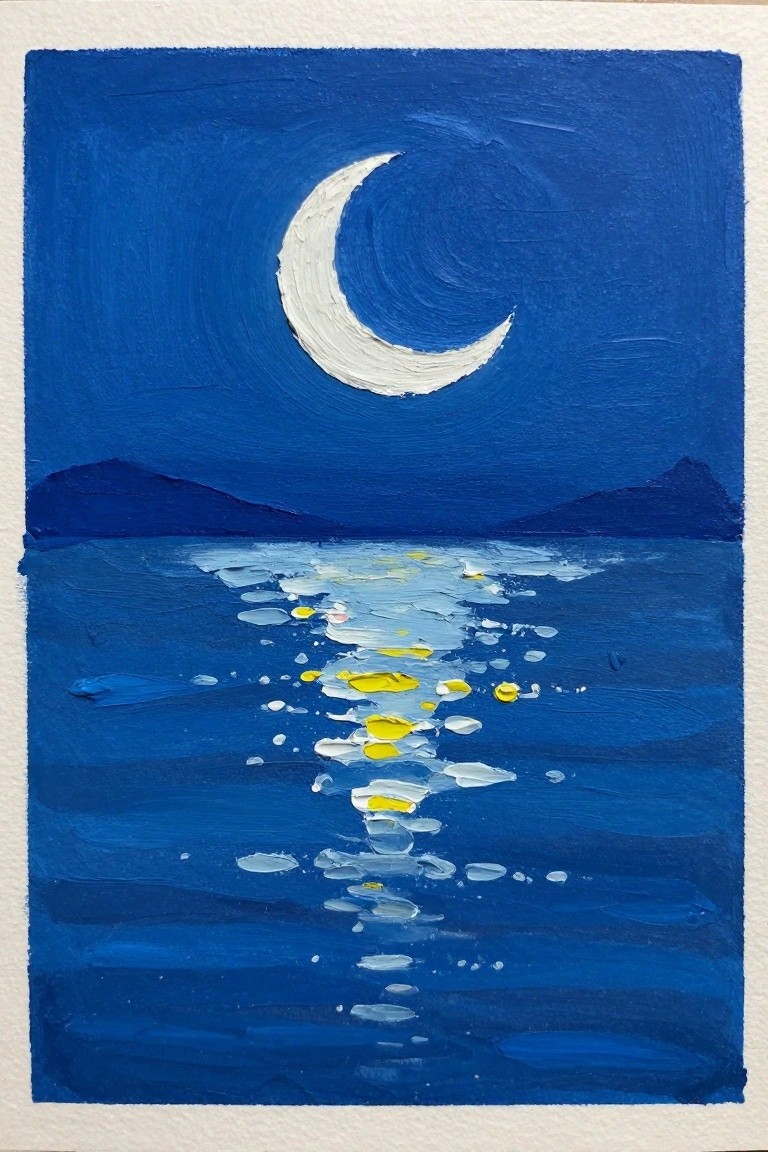 Crescent moon over dark blue water with yellow reflections and distant hills