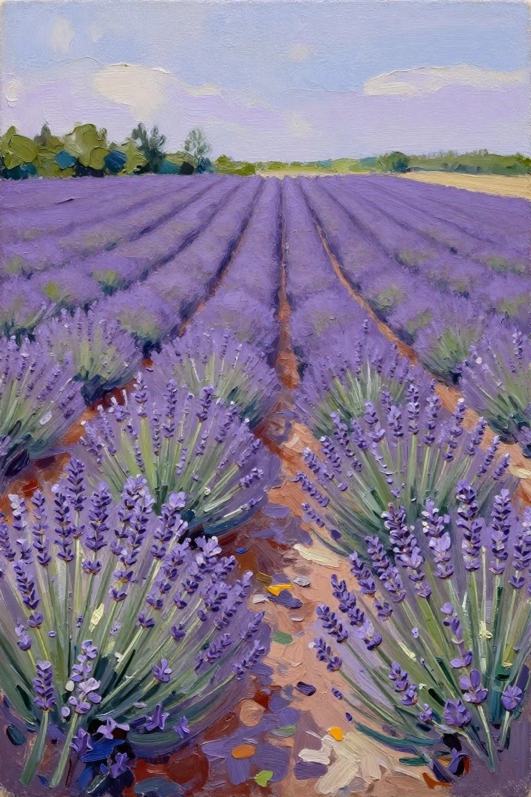 Rows of blooming purple lavender lining dirt paths in a vast field