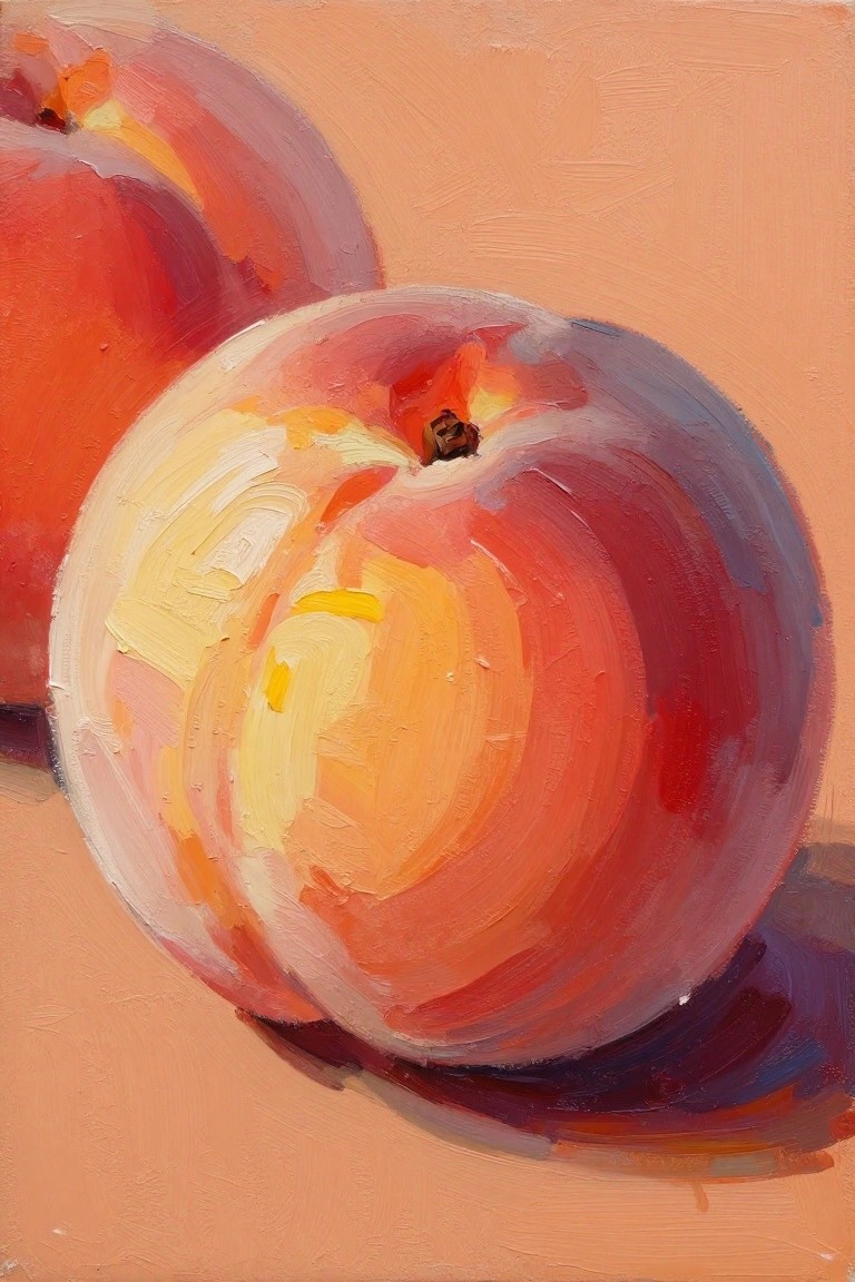 Two peaches in thick brushstrokes of red, orange, and yellow on peach background