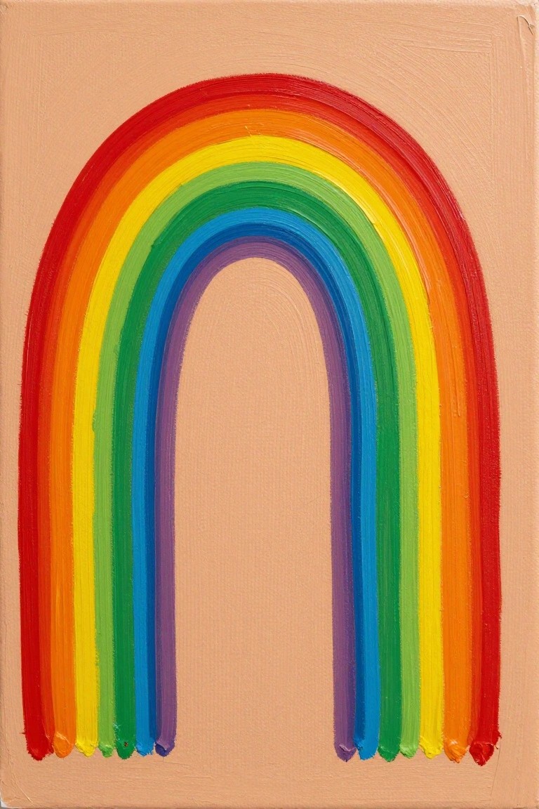 Rainbow arch with thick colorful stripes on peach canvas background.