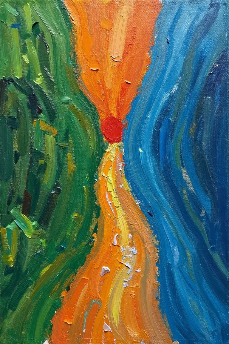 Abstract painting of red sun above winding orange path between green and blue.