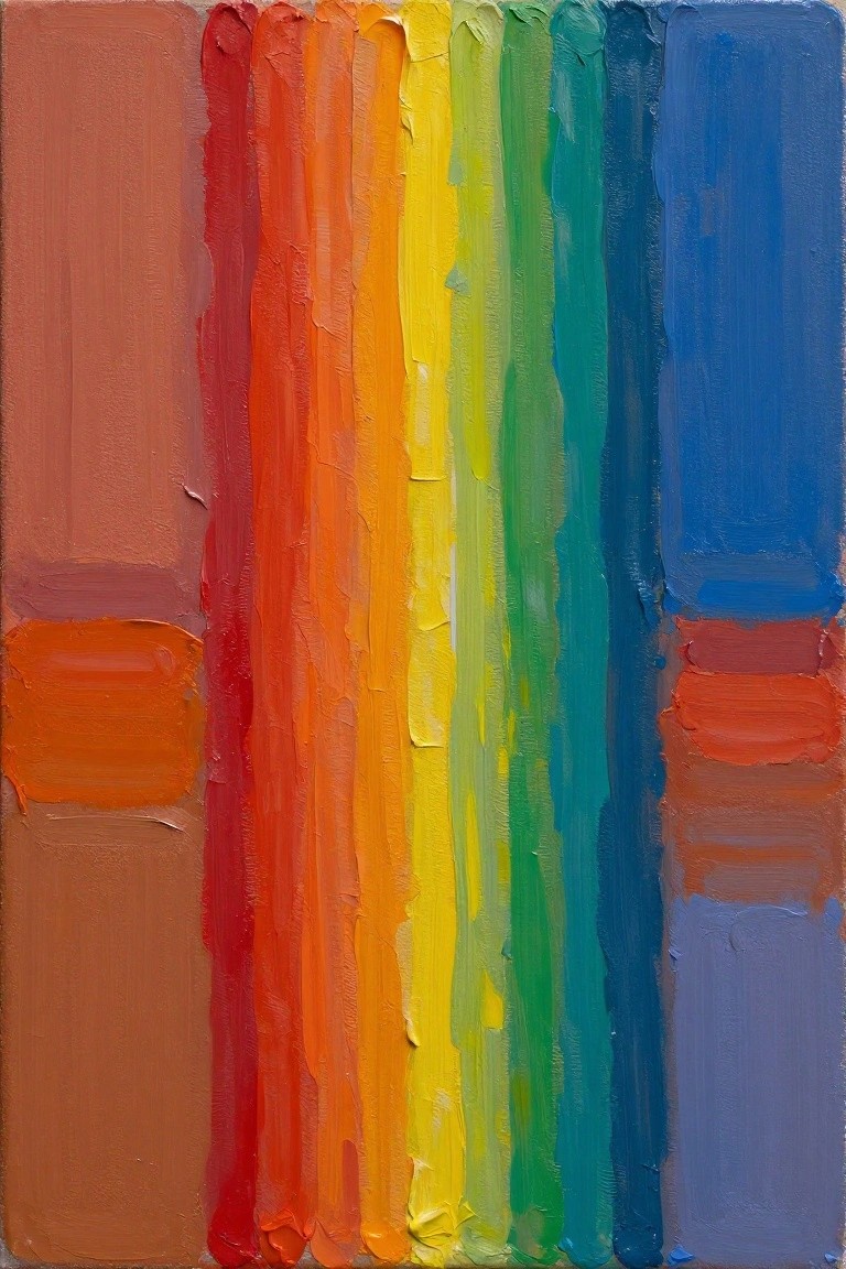 Abstract painting with thick vertical rainbow stripes and irregular side color blocks
