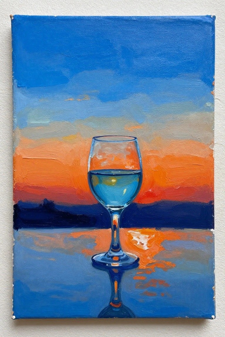 Vibrant painting of blue-filled wine glass before orange sunset over reflective water.