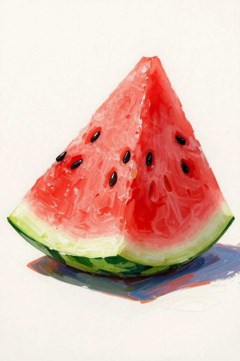 Painted watermelon slice with juicy red flesh, black seeds, and green rind.