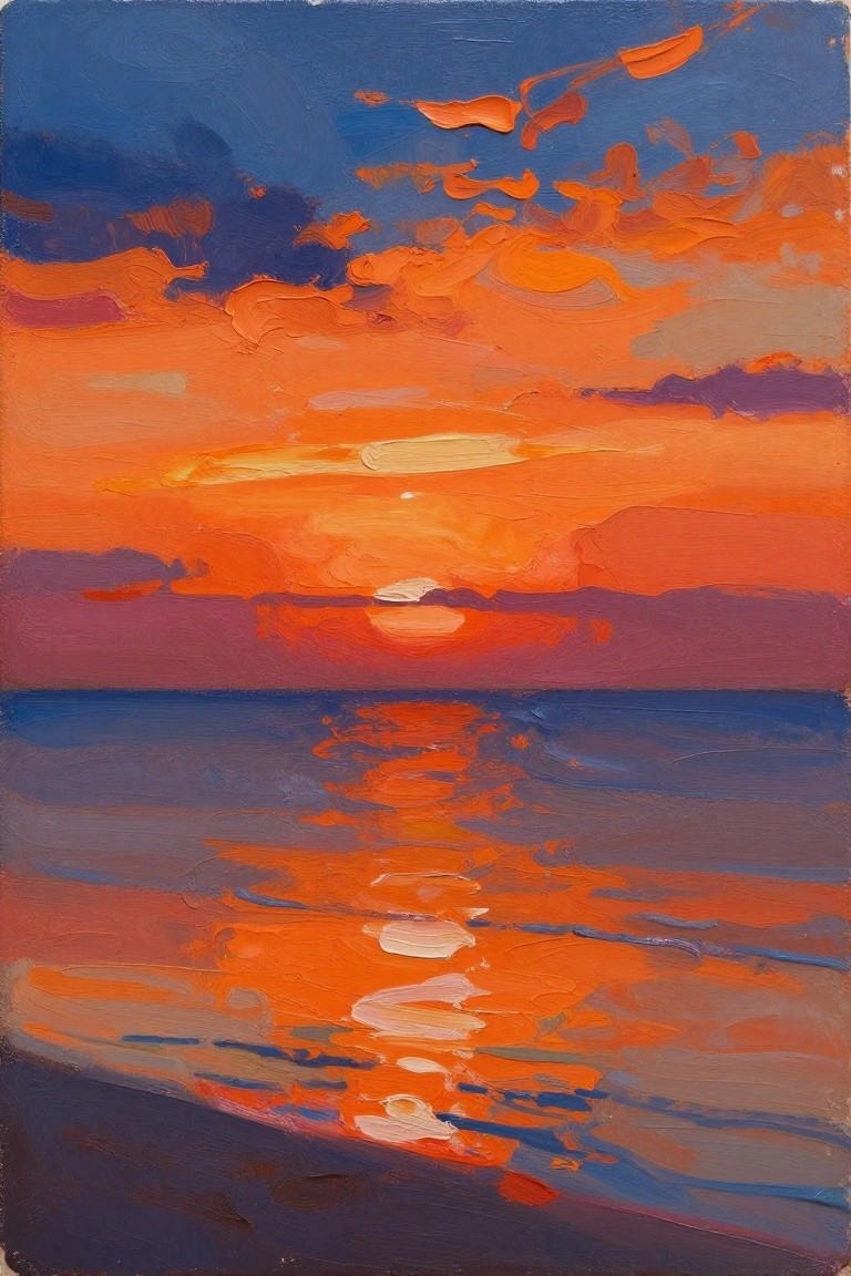 Vibrant oil painting of orange sunset reflecting on dark blue ocean waters with clouds.