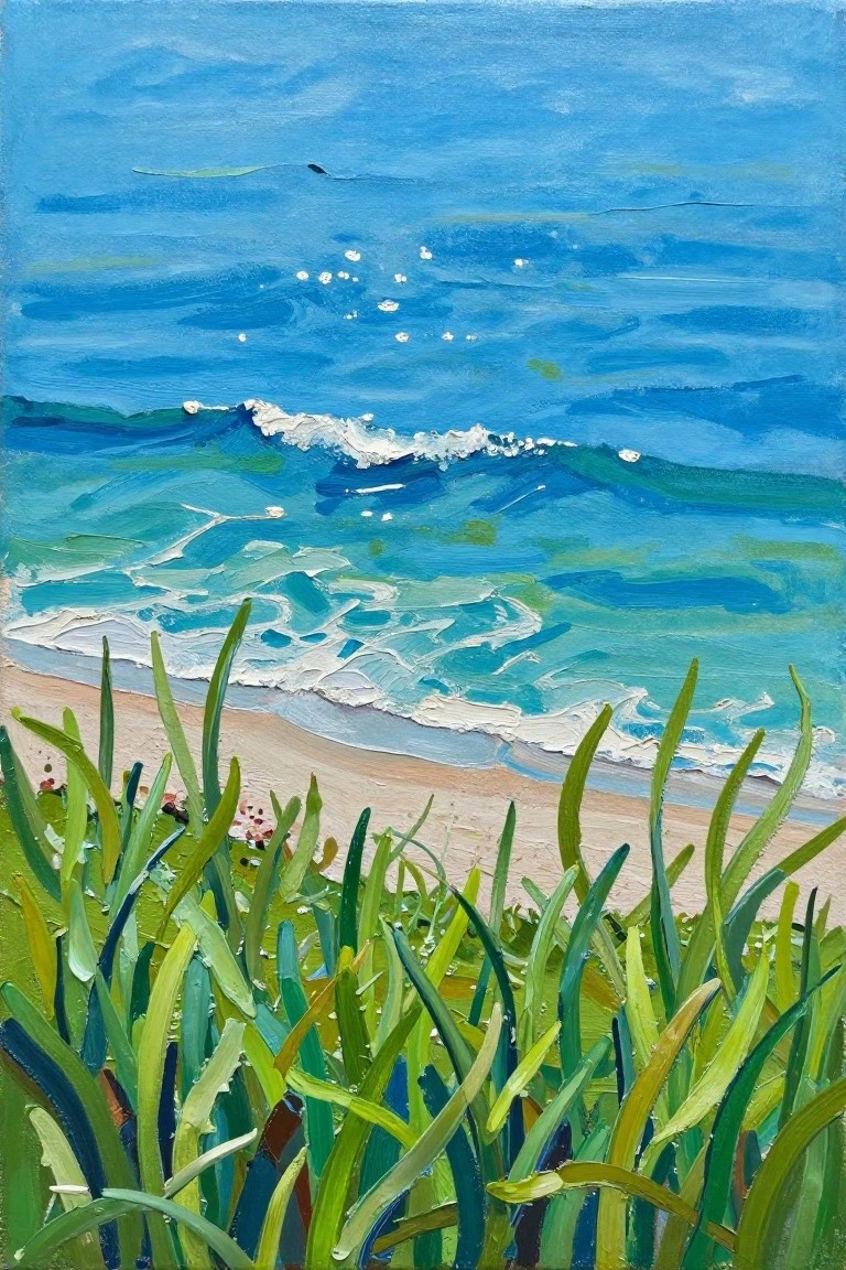 Vibrant painting of blue ocean waves crashing on sandy beach with green grass.