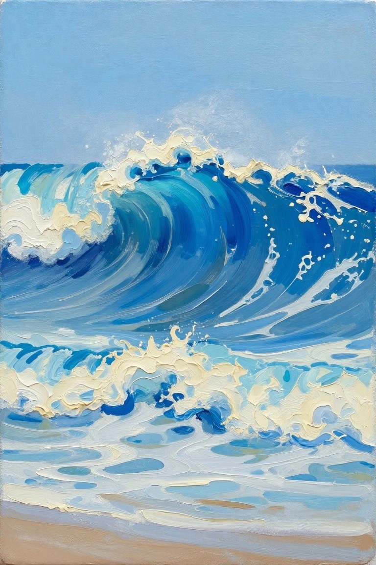 Large blue wave curling with white foam toward sandy beach under clear sky.