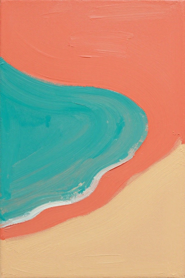 An acrylic painting showing a curving turquoise shape across a coral upper section and a beige lower section with a thin white line along the bottom edge of the turquoise.