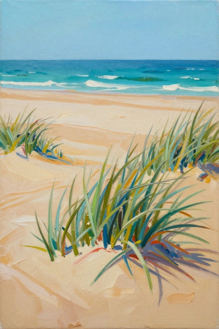 Sandy beach with colorful grass dunes, turquoise waves, and blue sky painting