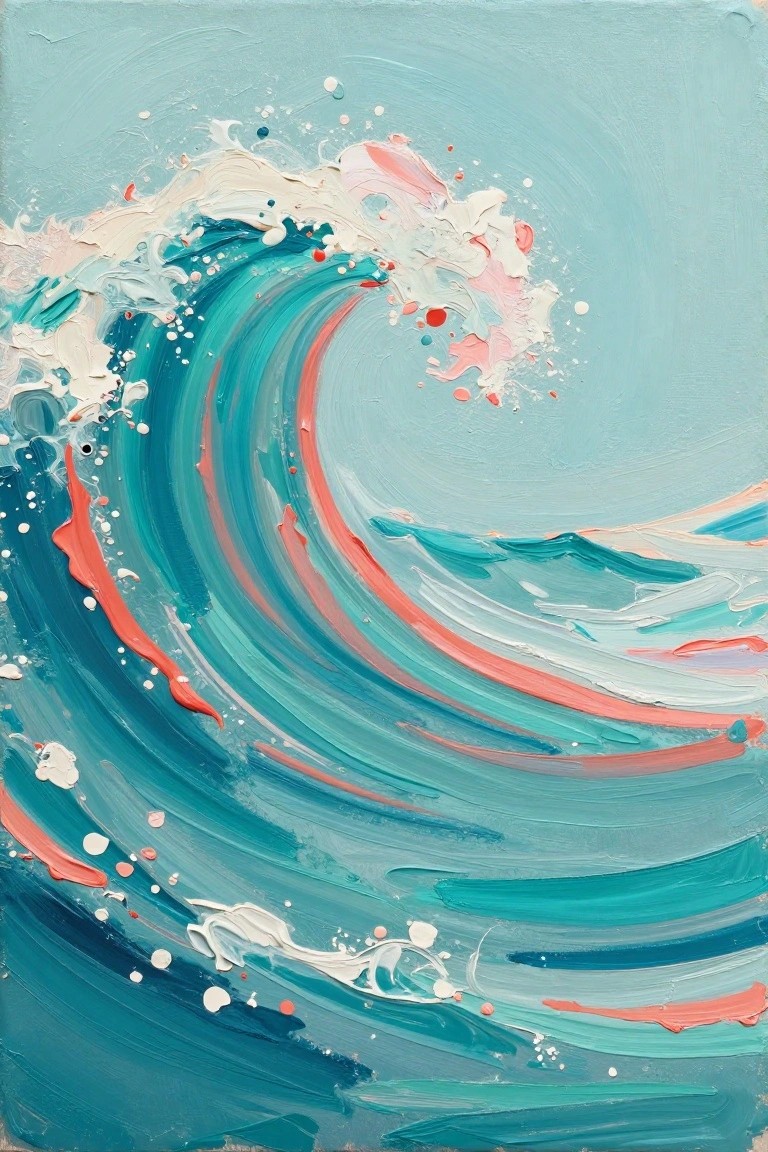 Impasto painting of a curling teal wave with pink and white splashes.