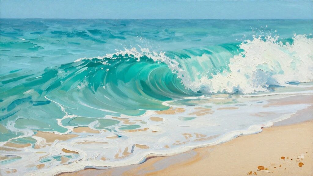An acrylic painting of a turquoise ocean wave with white foam breaking onto a light sandy beach.