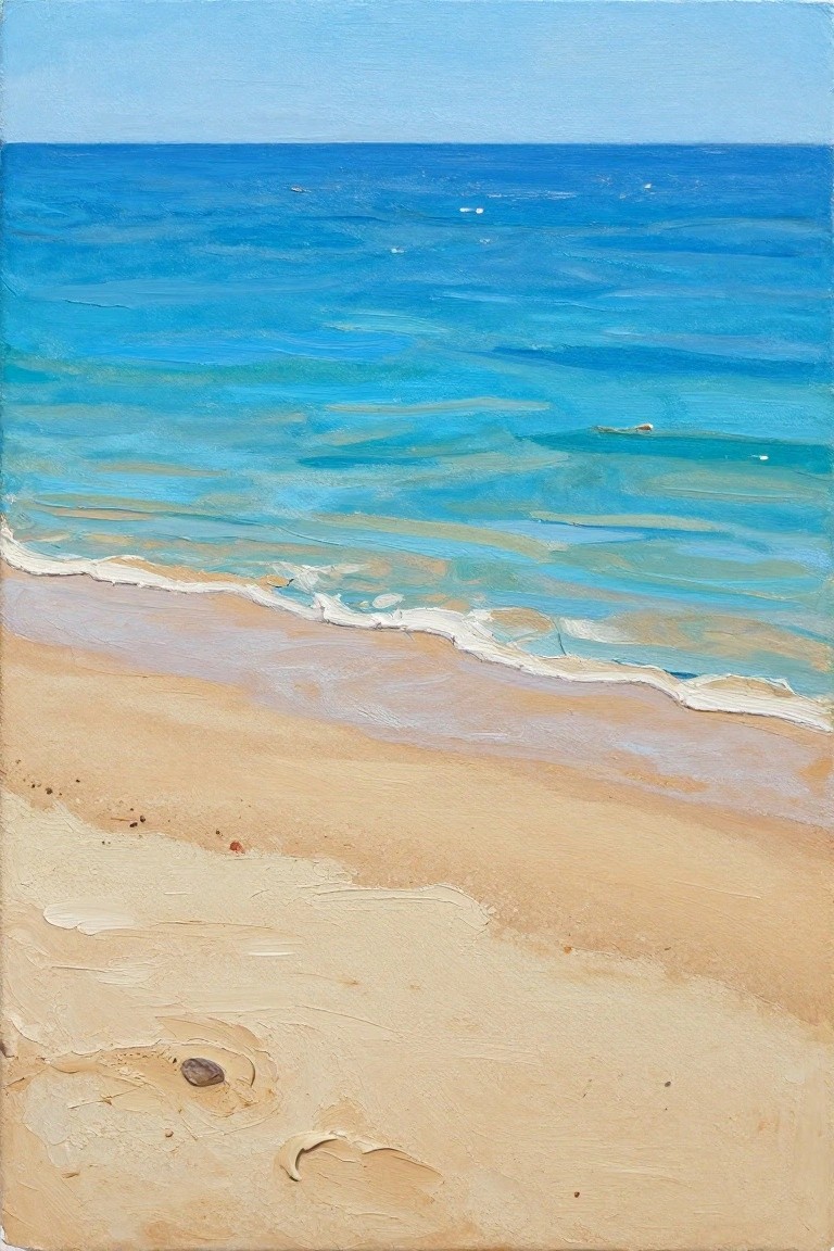 Sandy beach with lapping white waves on turquoise ocean under blue sky.
