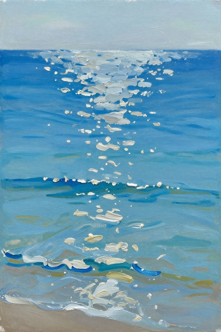 Blue ocean waves with white foam and sandy shore in painterly style.