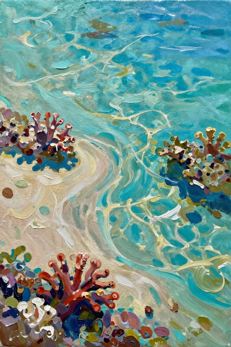 Vivid impasto painting of colorful coral reefs on sandy seabed in turquoise water.
