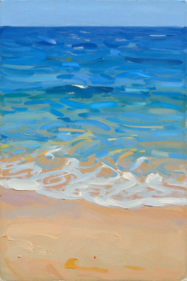 Impressionistic oil painting of blue waves crashing on sandy beach shore