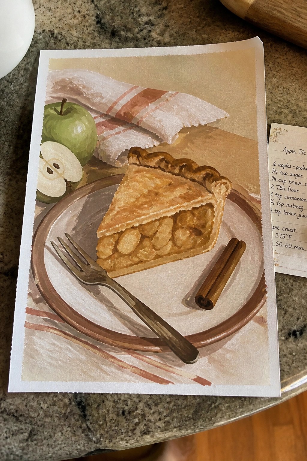 Watercolor painting of apple pie slice on plate with fork, apples, and cinnamon sticks