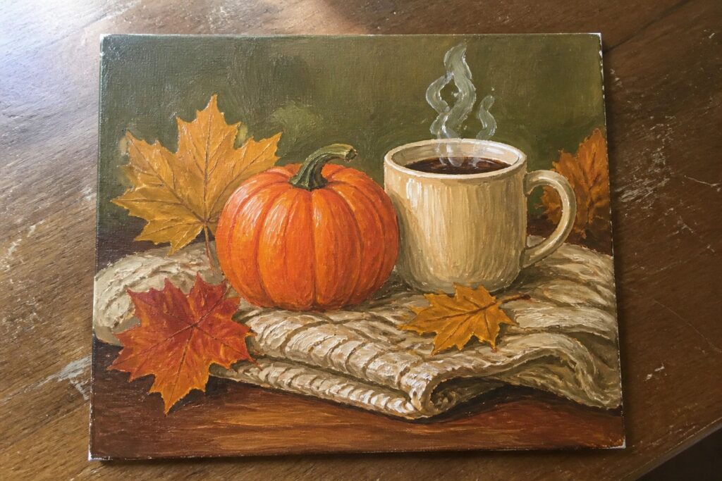 Orange pumpkin beside steaming mug with red and yellow maple leaves on beige cloth