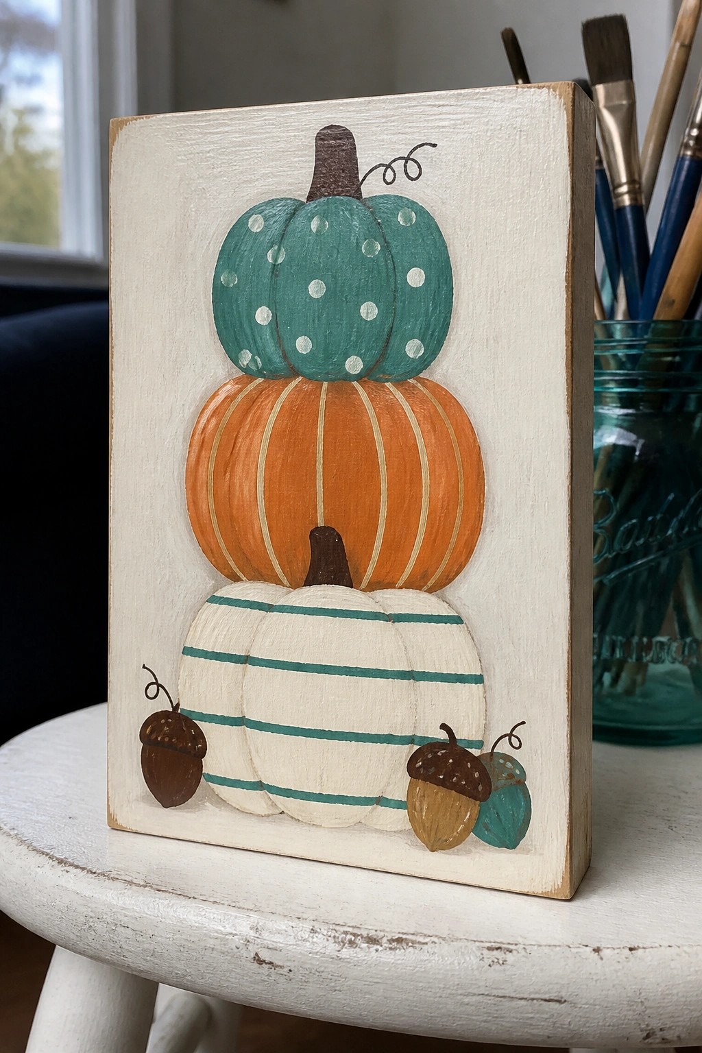 Stacked teal polka-dot, orange, and white striped pumpkins on wood with acorns