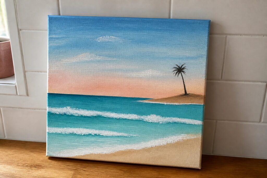 Acrylic painting of sunset over turquoise ocean waves with lone palm tree on sand.