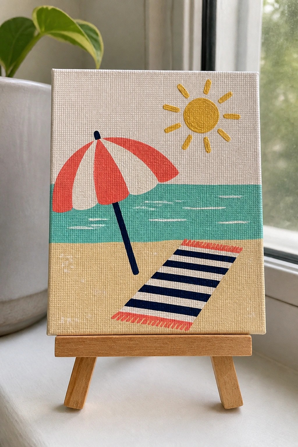 Small canvas on wooden easel shows beach scene with red umbrella, sun, and striped towel