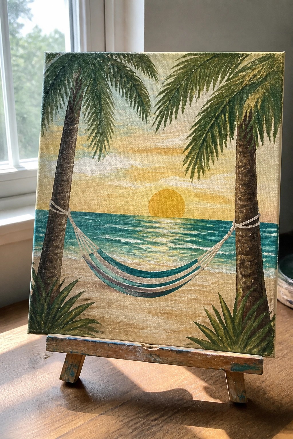 Painted beach sunset with hammock between palm trees on wooden easel