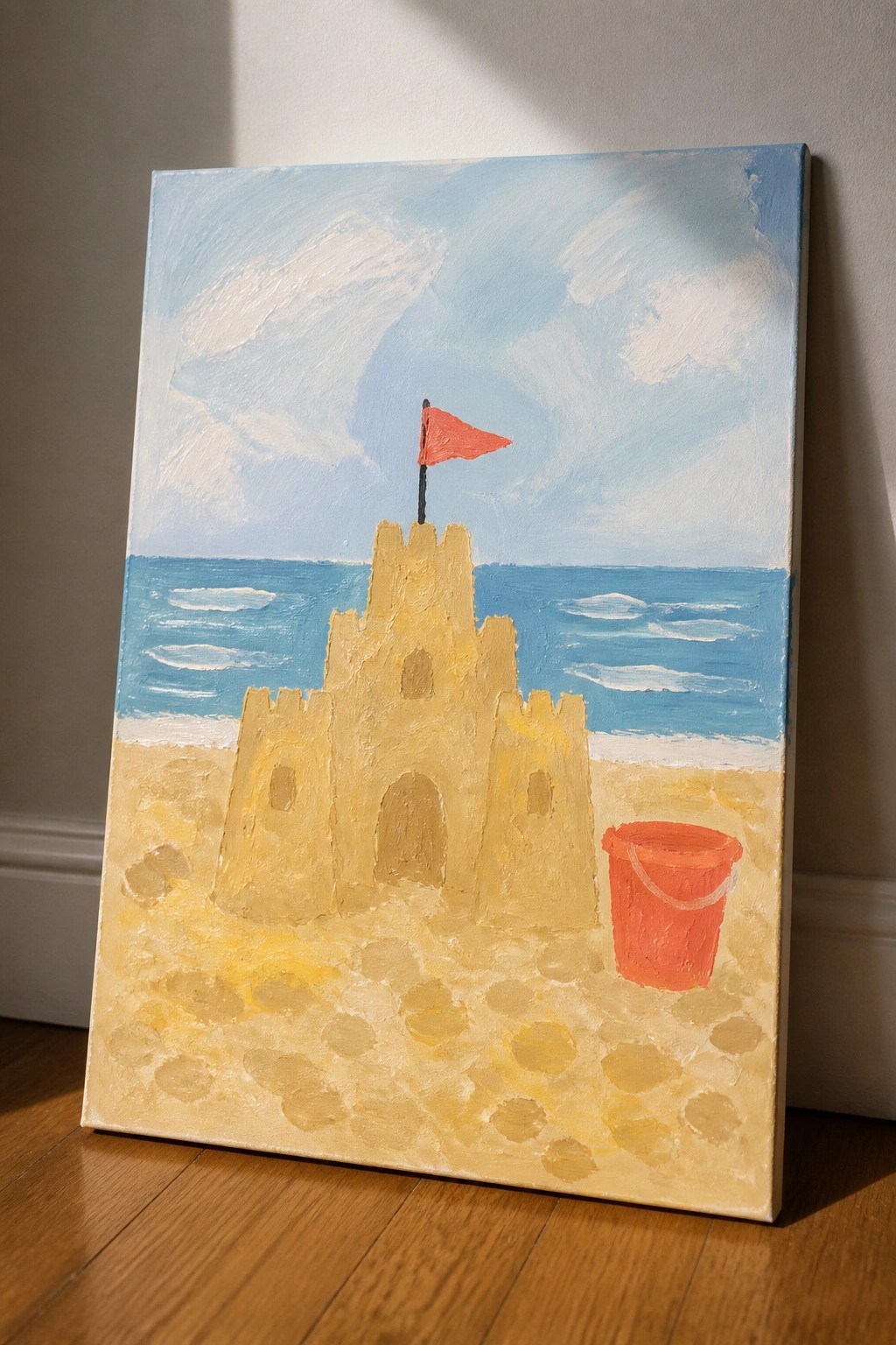 Sandcastle with red flag on beach beside blue ocean and red bucket painting
