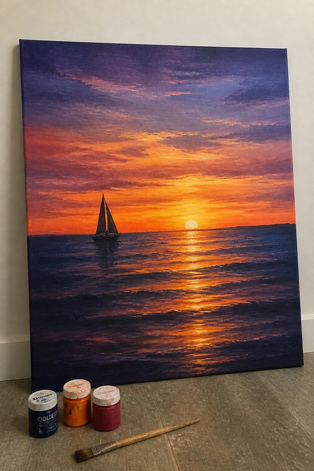 Seascape painting of sailboat at orange sunset with paint jars and brush on floor