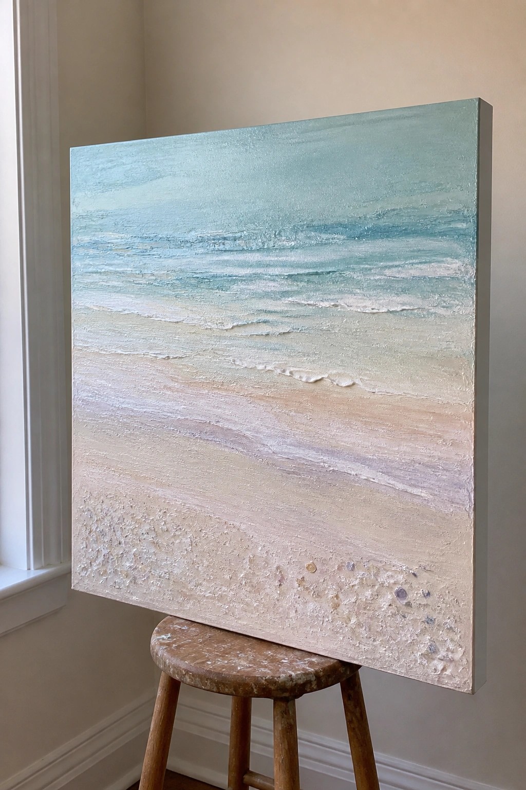 Textured seascape painting of turquoise waves and sandy beach on wooden stool