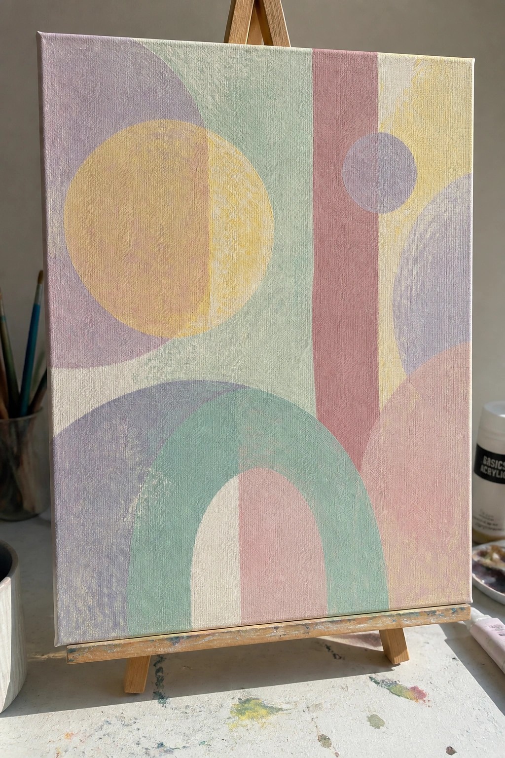Abstract painting with pastel circles, arches, and stripes on wooden easel