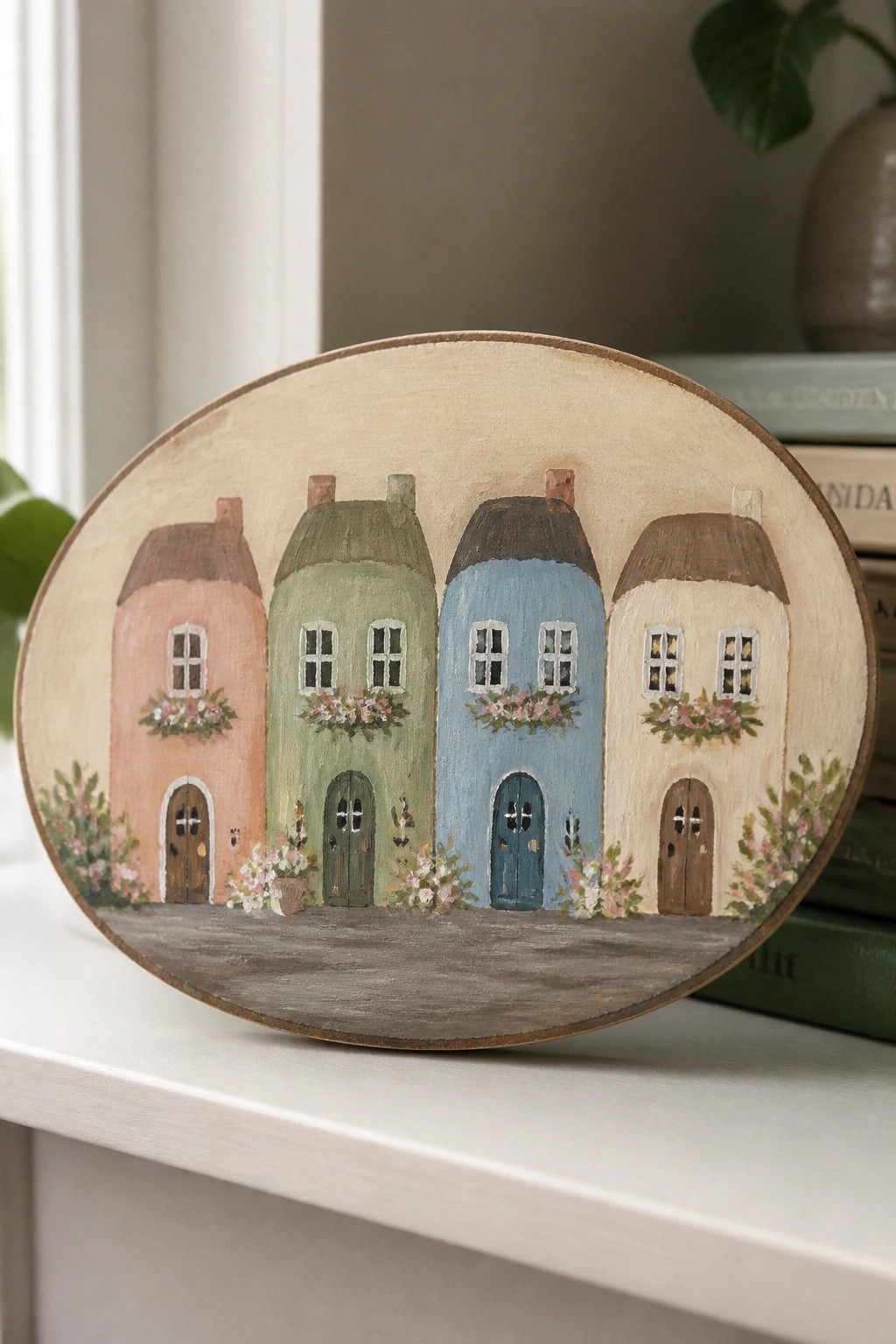 Oval wooden plaque painted with four colorful cottages and flower boxes