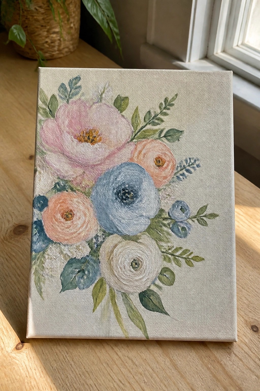 Floral canvas painting with pink, blue, peach, and white blooms and green leaves on wood