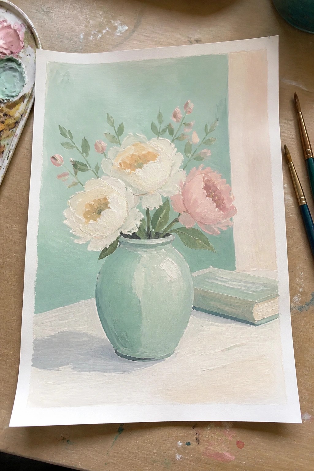Still life painting of white and pink peonies in a mint green vase with book
