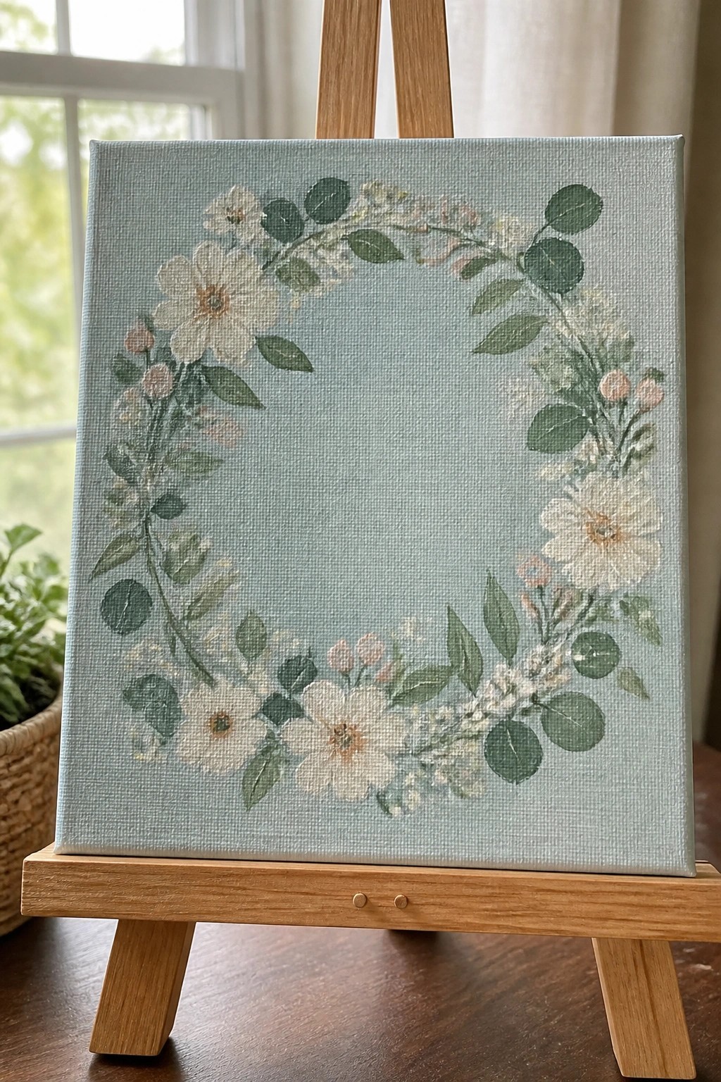 Floral wreath of white flowers, pink buds, and green leaves on light blue canvas