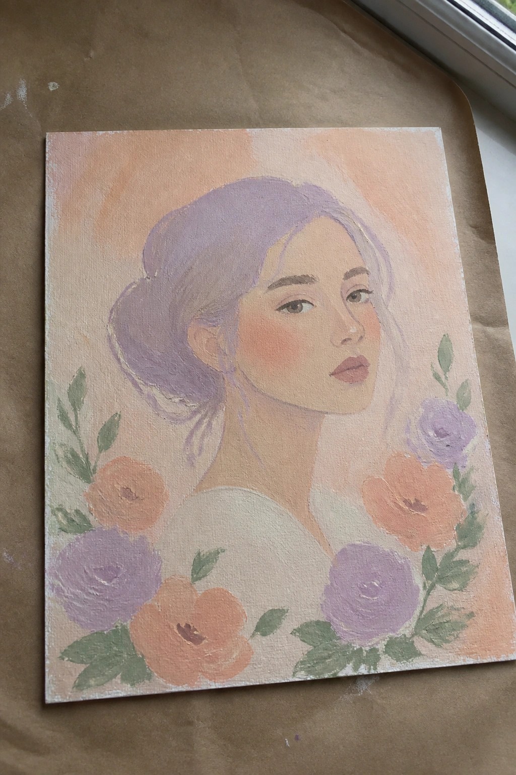 Woman with lavender hair in bun amid orange and purple flowers on peach background