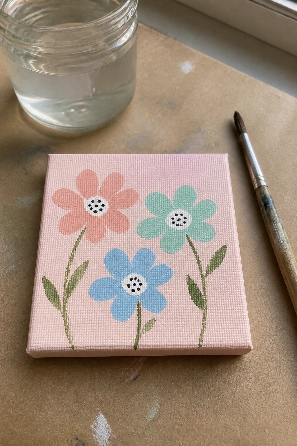 Pink canvas with coral, mint, and blue flowers beside water jar and brush