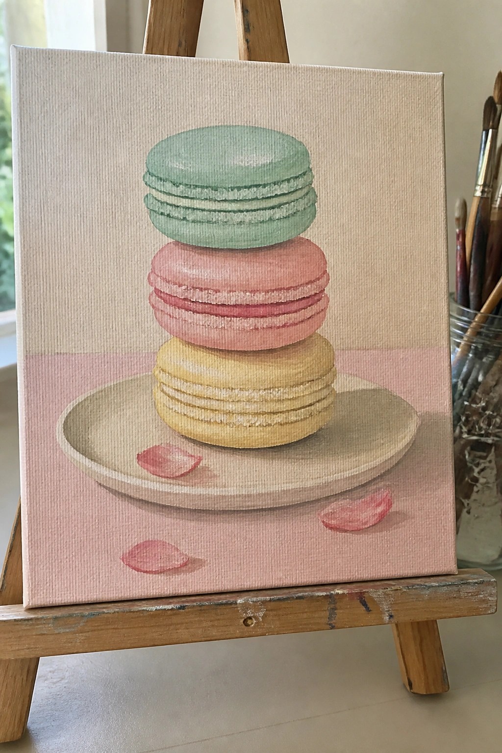 Painting on easel of stacked green, pink, and yellow macarons on pink plate.