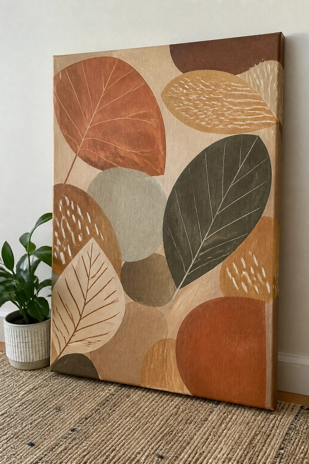 Abstract painting of overlapping leaves in earthy tones beside potted plant on rug