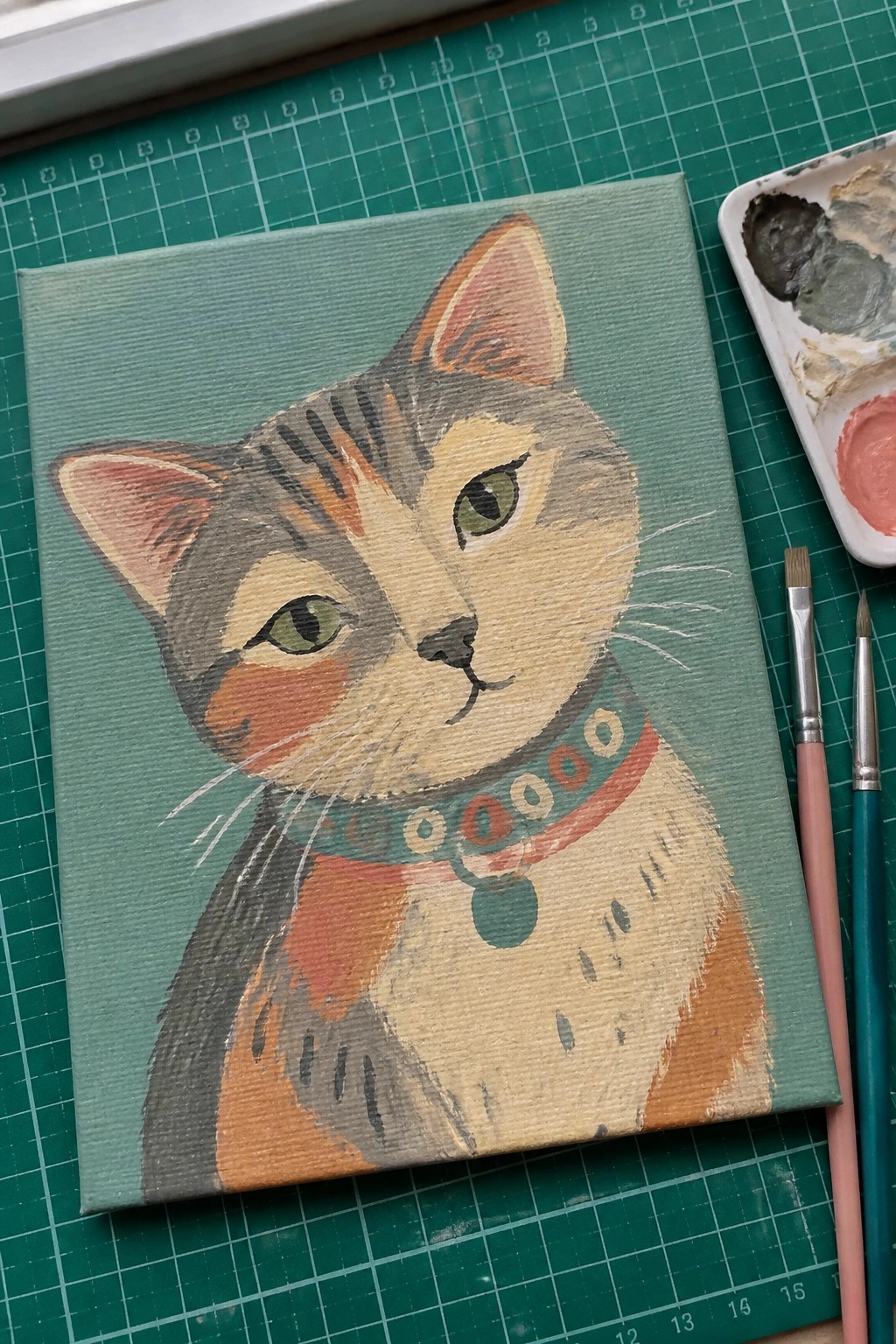 Painted canvas of calico cat with collar beside palette and brushes on mat