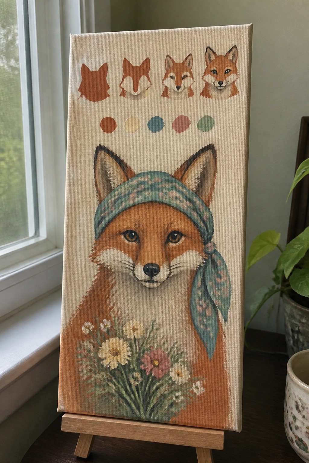 Canvas painting of fox in teal bandana with flowers, sketches, and color swatches above.