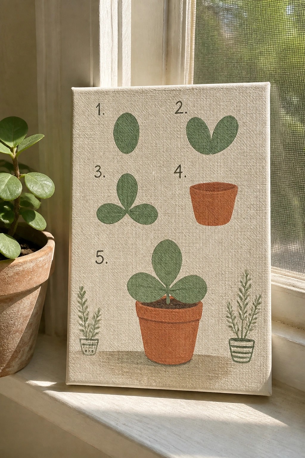 Canvas with numbered steps painting a potted plant sits on sunny windowsill