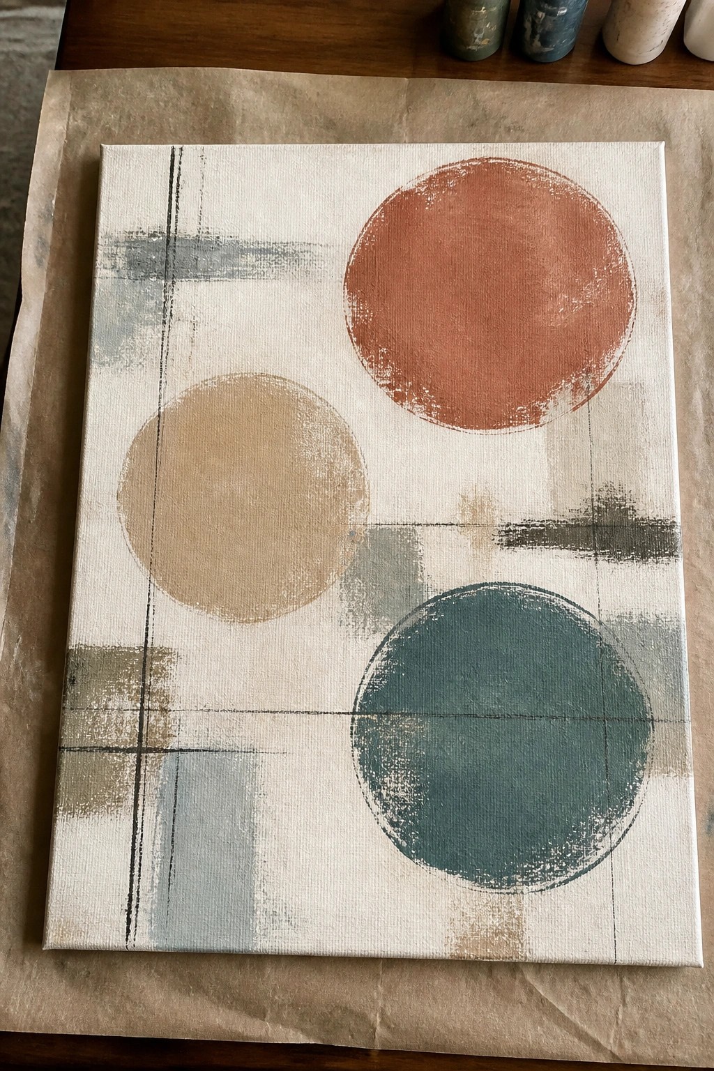 Abstract canvas with terracotta, beige, and teal circles amid black and gray lines.