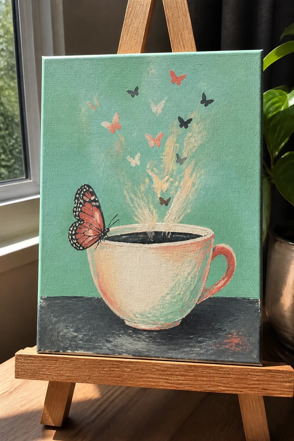 Painting on easel of cup with perched butterfly and colorful butterflies on teal background.