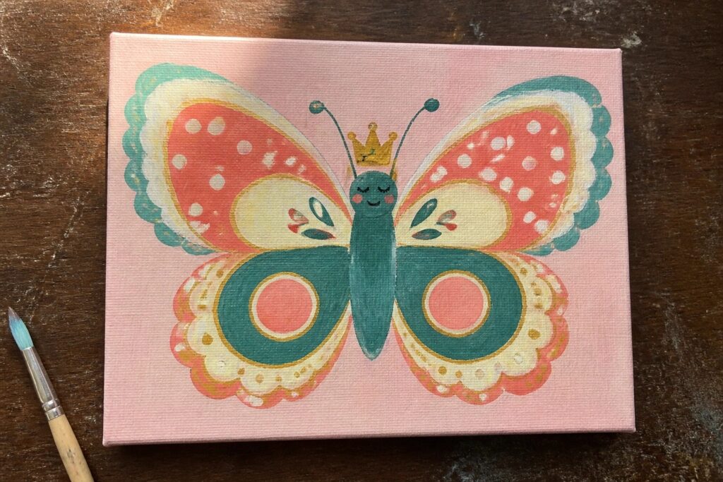 18 Whimsical Butterfly Acrylic Painting Ideas for Playful Wall Art Colorful crowned butterfly with polka-dotted wings painted on pink canvas